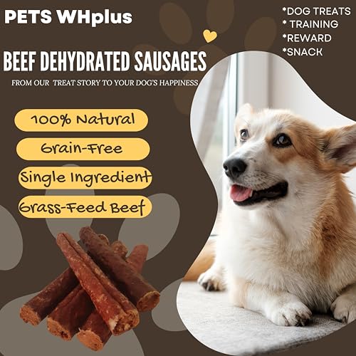 Premium Beef Dehydrated Sausages, 6 Inch/5 Count Pack, 100% All-Natural Dog Treats.
