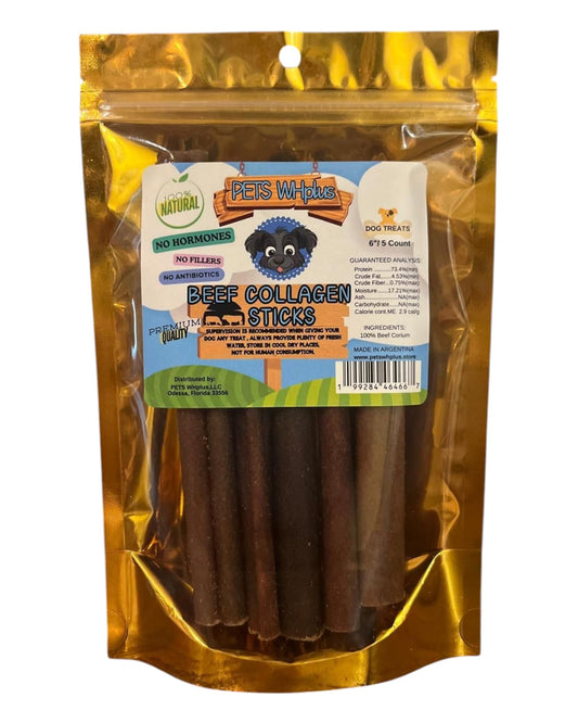 Premium Beef Collagen Sticks, 6 Inch/5 Count Pack, 100% All-Natural Dog Treats.